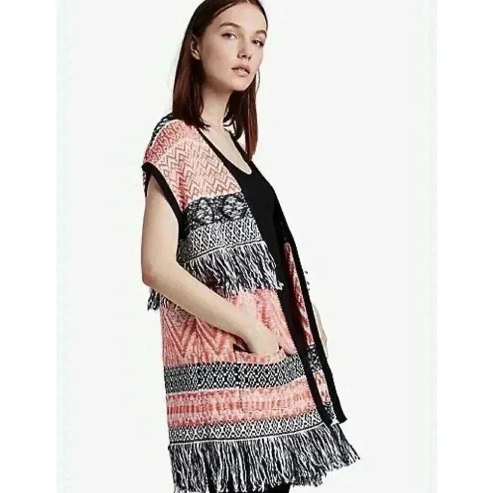 Lucky Brand Fringe Jacquard Cardigan Sweater Vest Sz M Orange Black Aztec‎